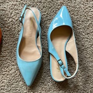 Modemoven Slingback buckle patent little square toe ballet flats. Light blue.